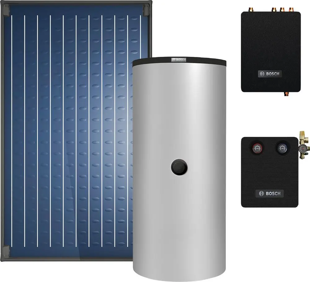 Solaranlage bestehend aus einem blauen Solarmodul, einem silbernen Warmwasserspeicher und zwei schwarzen Anschlussboxen der Marke Bosch.